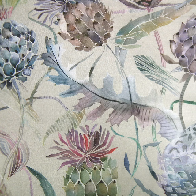 Painterly botanical fabric with blush pink ground, lilac leaves and sage seedheads