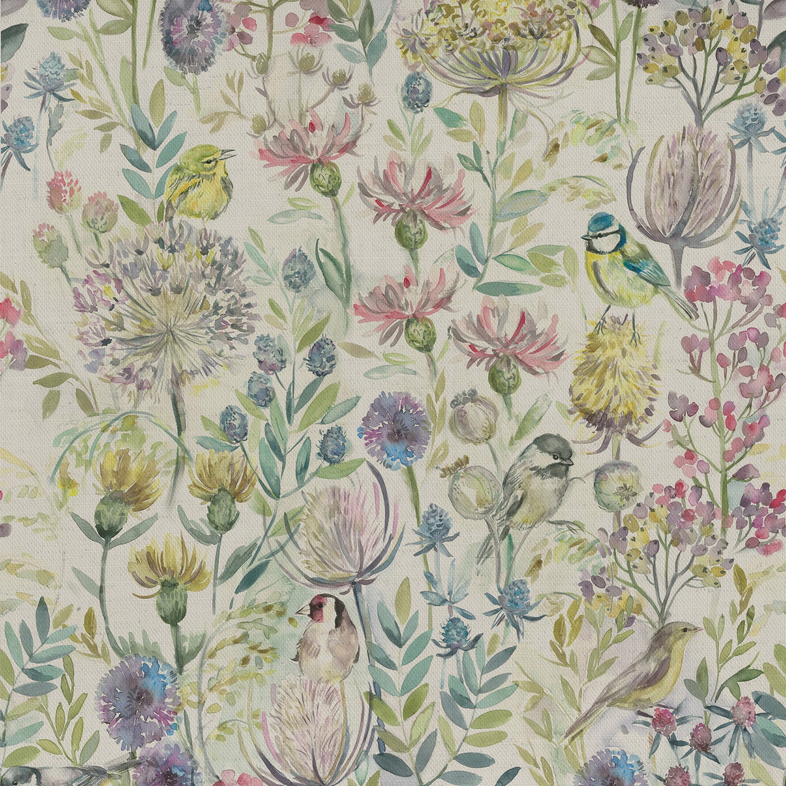 Painterly birds and wildflowers on a soft sage green botanical fabric