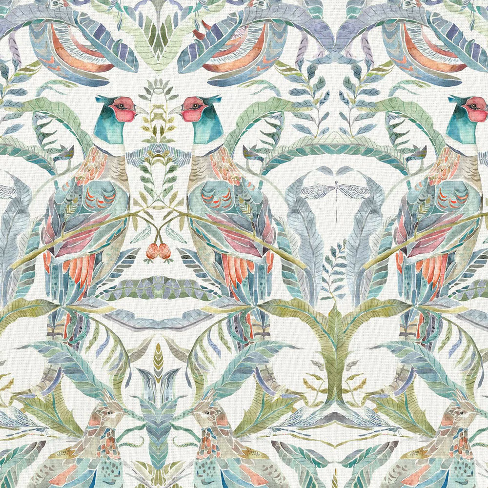 Pale botanical bird fabric with soft green leaves and teal accents