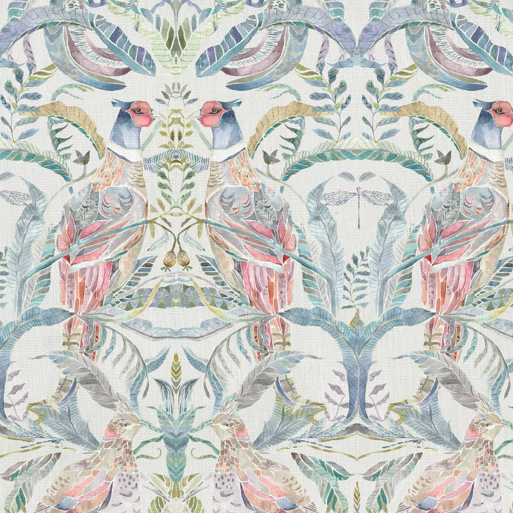 Pastel bird and foliage fabric with mirrored tropical leaves and soft linen texture