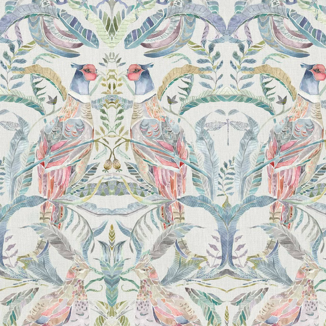 Pastel bird and foliage fabric with mirrored tropical leaves and soft linen texture