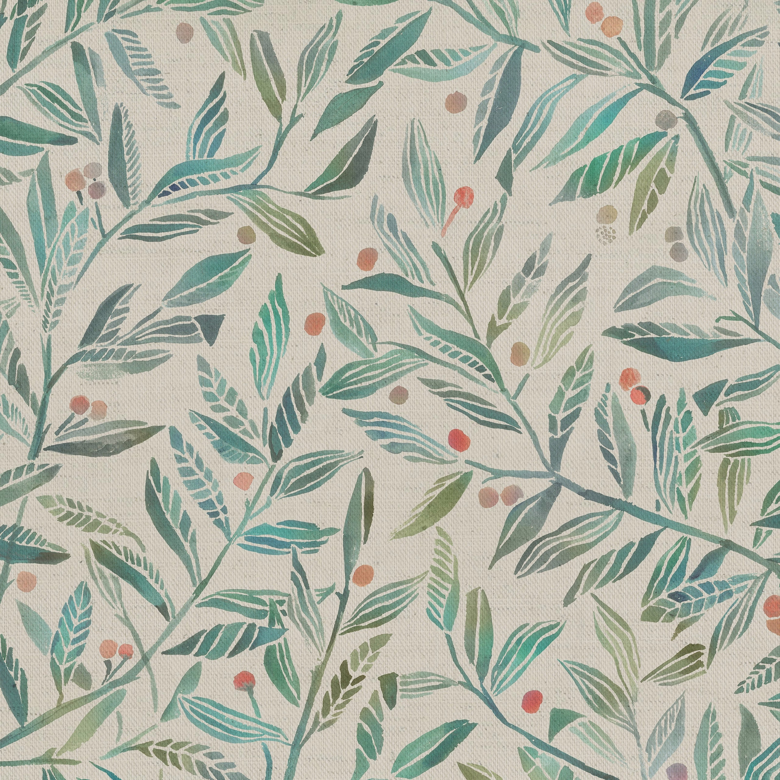 Botanical fabric swatch with trailing green leaves and small coral berries on a pale ground