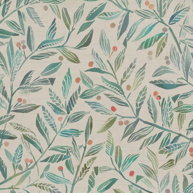 Botanical fabric swatch with trailing green leaves and small coral berries on a pale ground