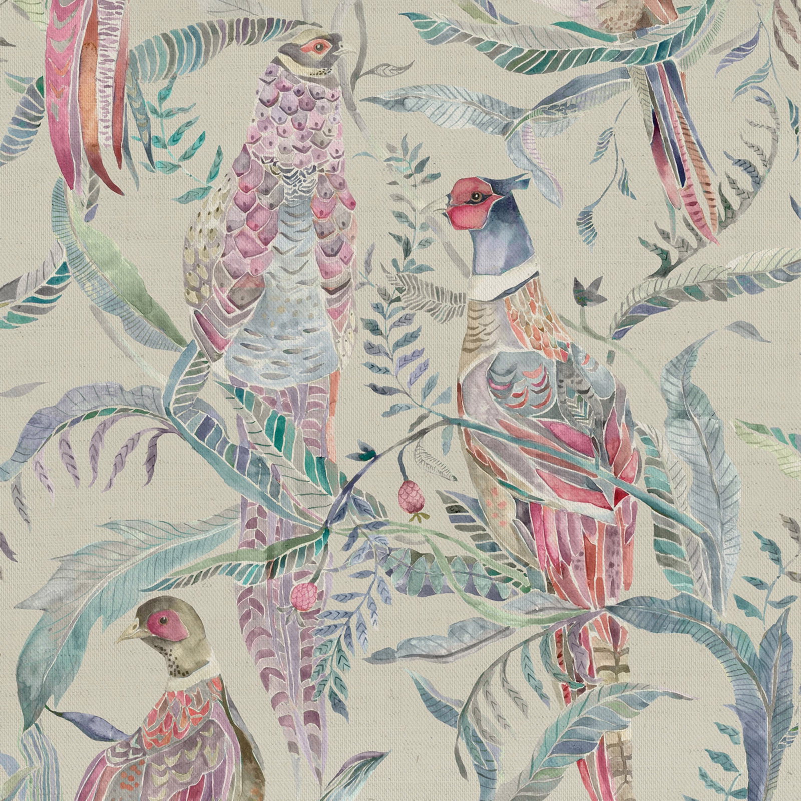 Painterly pastel birds and trailing leaves on a pale woven fabric ground