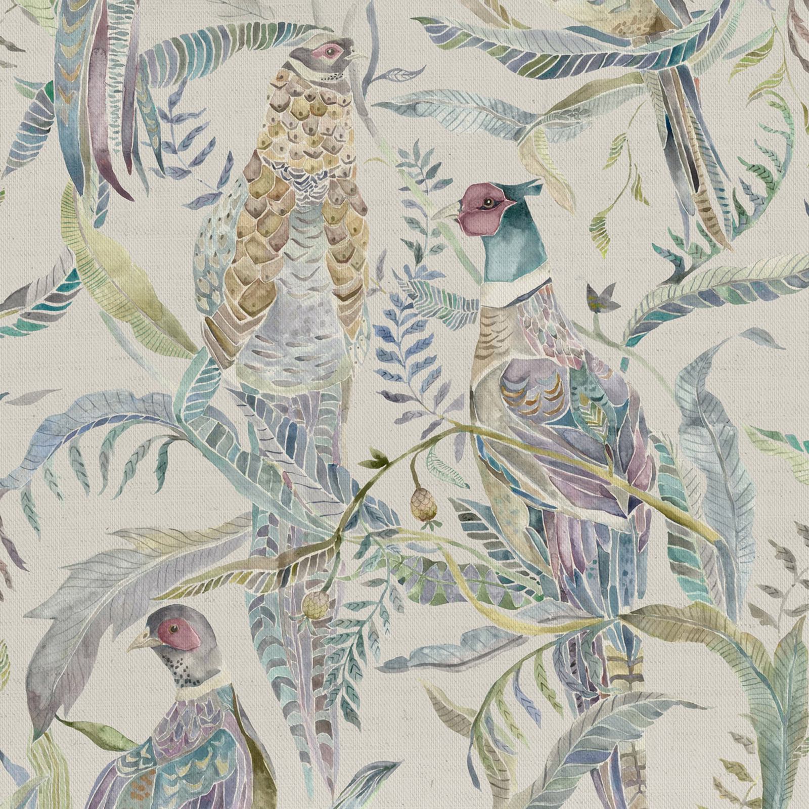 Painterly birds and foliage print in soft lavender, lilac and pale blue tones