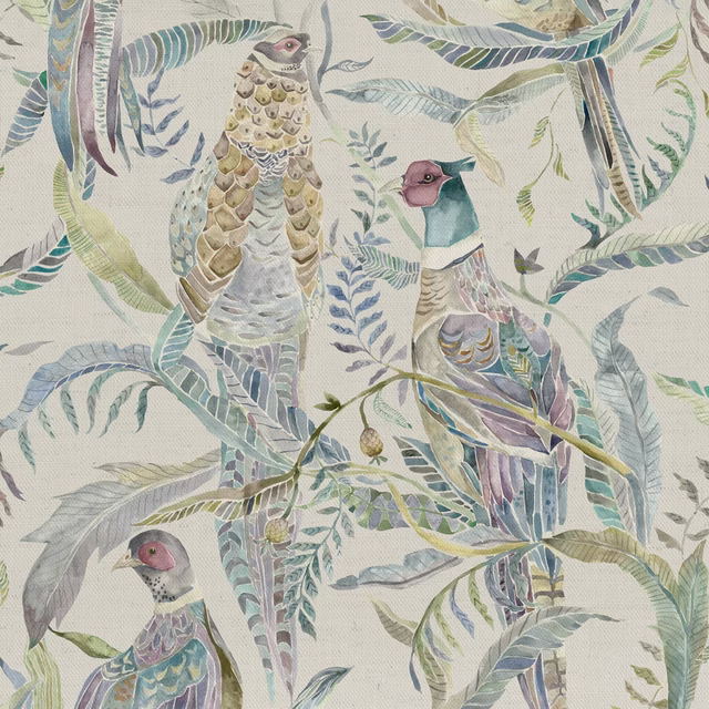Painterly birds and foliage print in soft lavender, lilac and pale blue tones