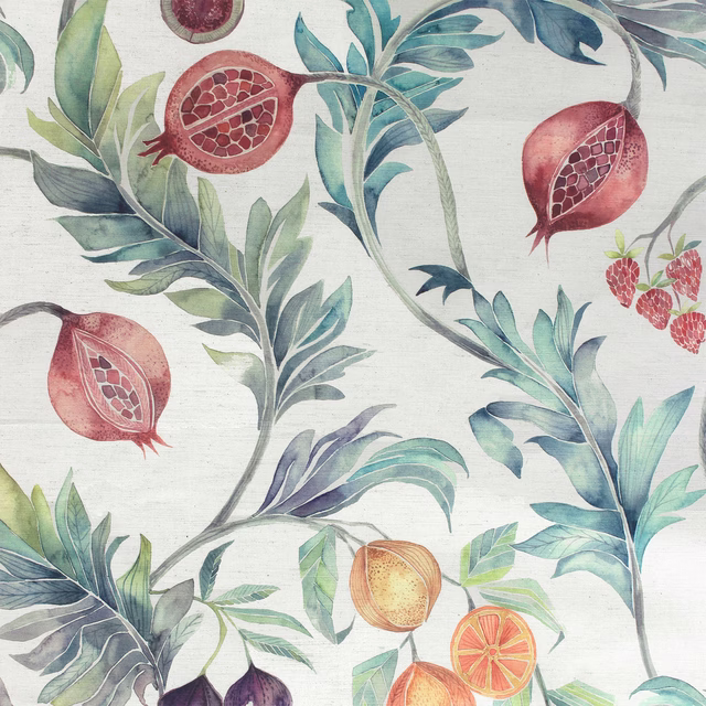 Painterly botanical fabric with teal leaves and coral pomegranate motifs on an ivory ground
