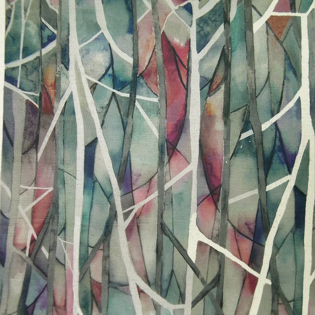 Abstract leafy fabric swatch in muted sage green with teal, blush and plum strokes