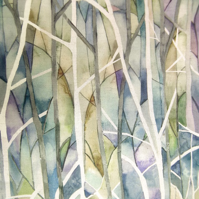 Painterly abstract fabric with sage, blue, lilac and white leaf-like streaks