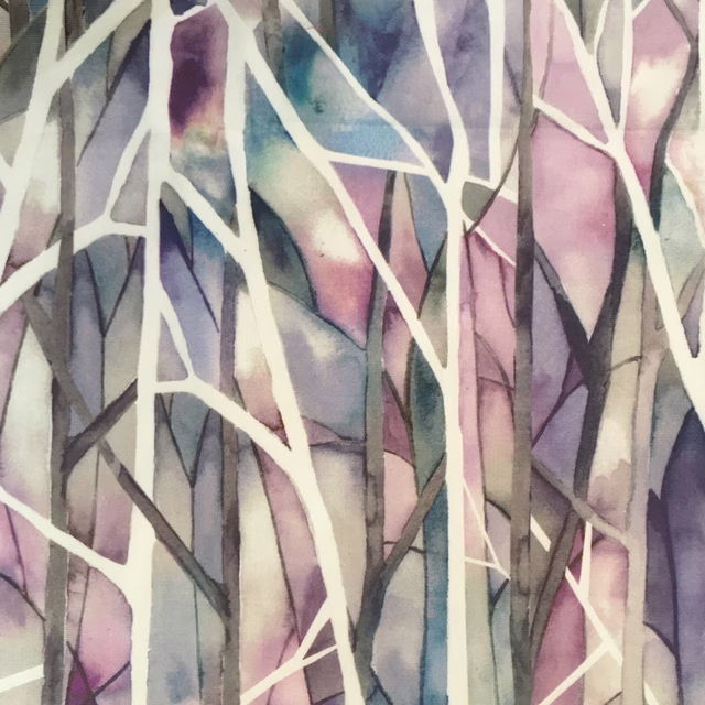 Painterly purple botanical fabric with pale intersecting stems and watercolour shading