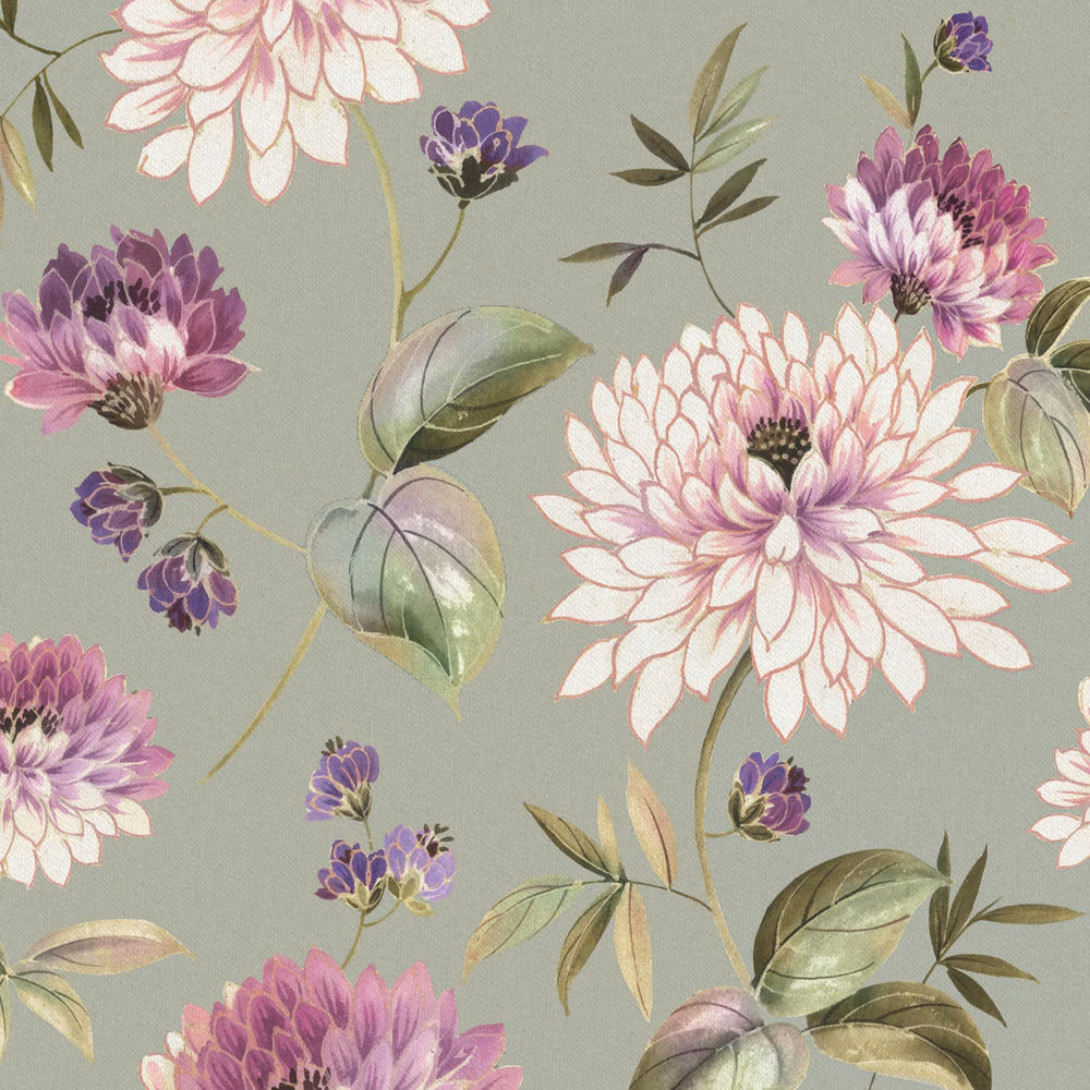 Sage green floral fabric with large white and purple chrysanthemum blooms