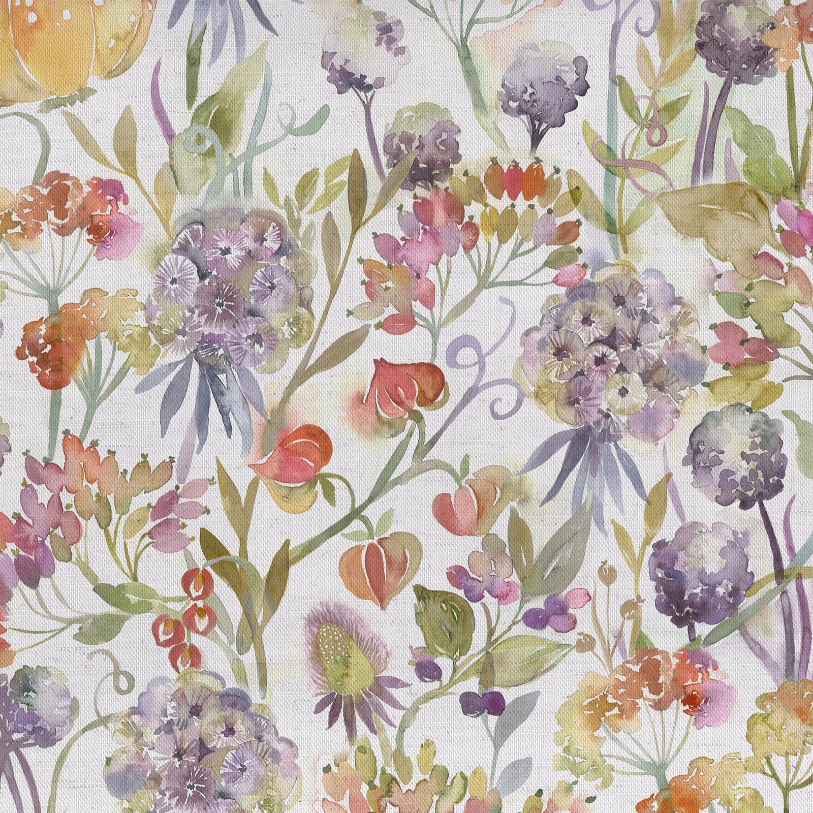 Painterly orange and lilac floral fabric on a pale ground, with soft woven texture