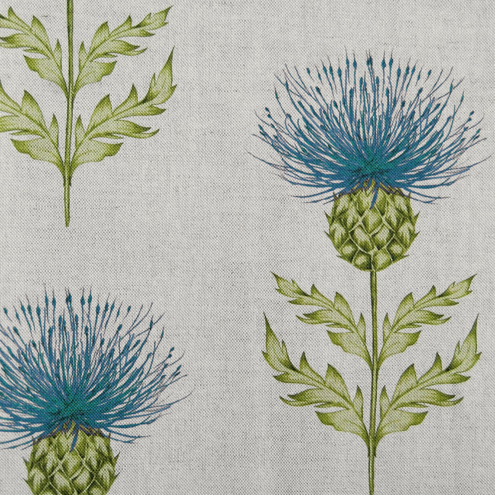 Large blue thistle flowers and green leaves printed on a pale linen-textured ground