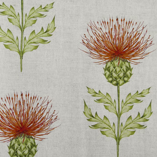 Orange thistle blooms with green leaves on a pale linen-look ground