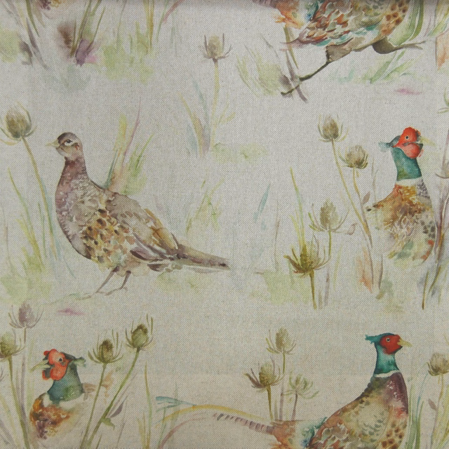 Cream linen-cotton fabric with watercolour pheasants and meadow stems