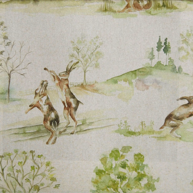 Cream linen-cotton fabric with sage-green country scene and leaping rabbits