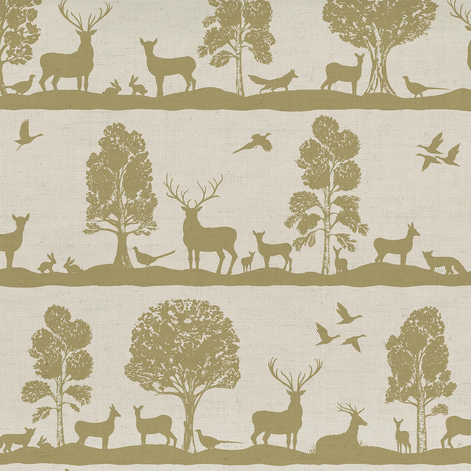 Olive-green scenic fabric with deer, trees and birds on a pale ground