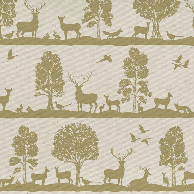 Olive-green scenic fabric with deer, trees and birds on a pale ground