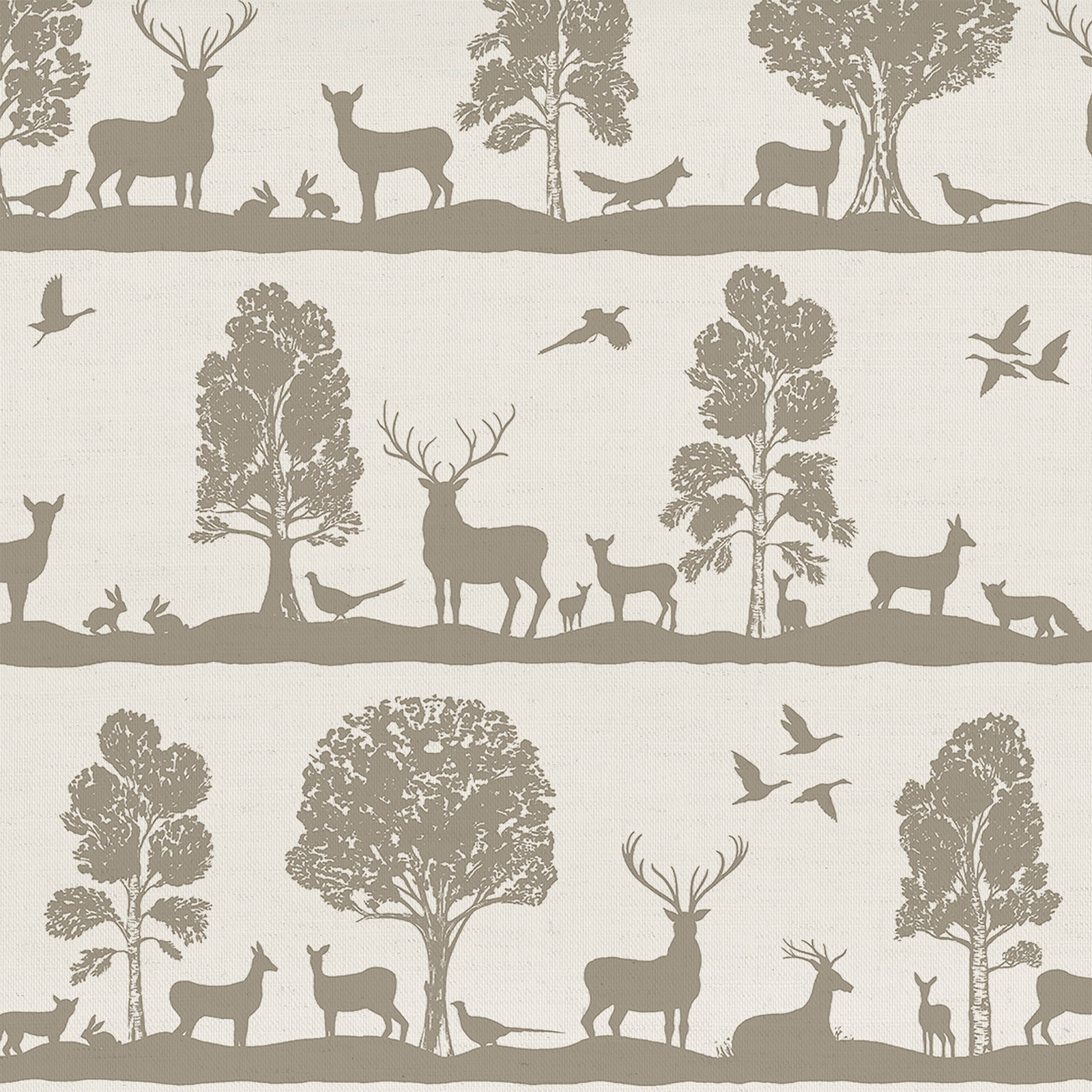 Muted grey taupe woodland stripe fabric with deer, trees and birds on a pale ground