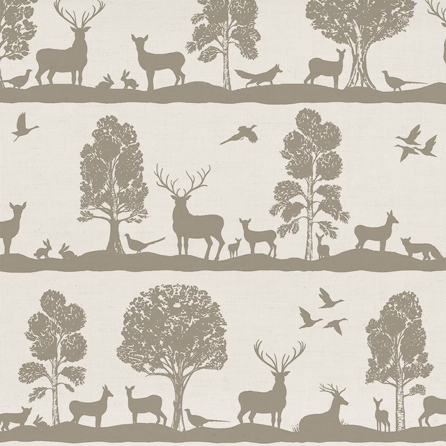 Muted grey taupe woodland stripe fabric with deer, trees and birds on a pale ground