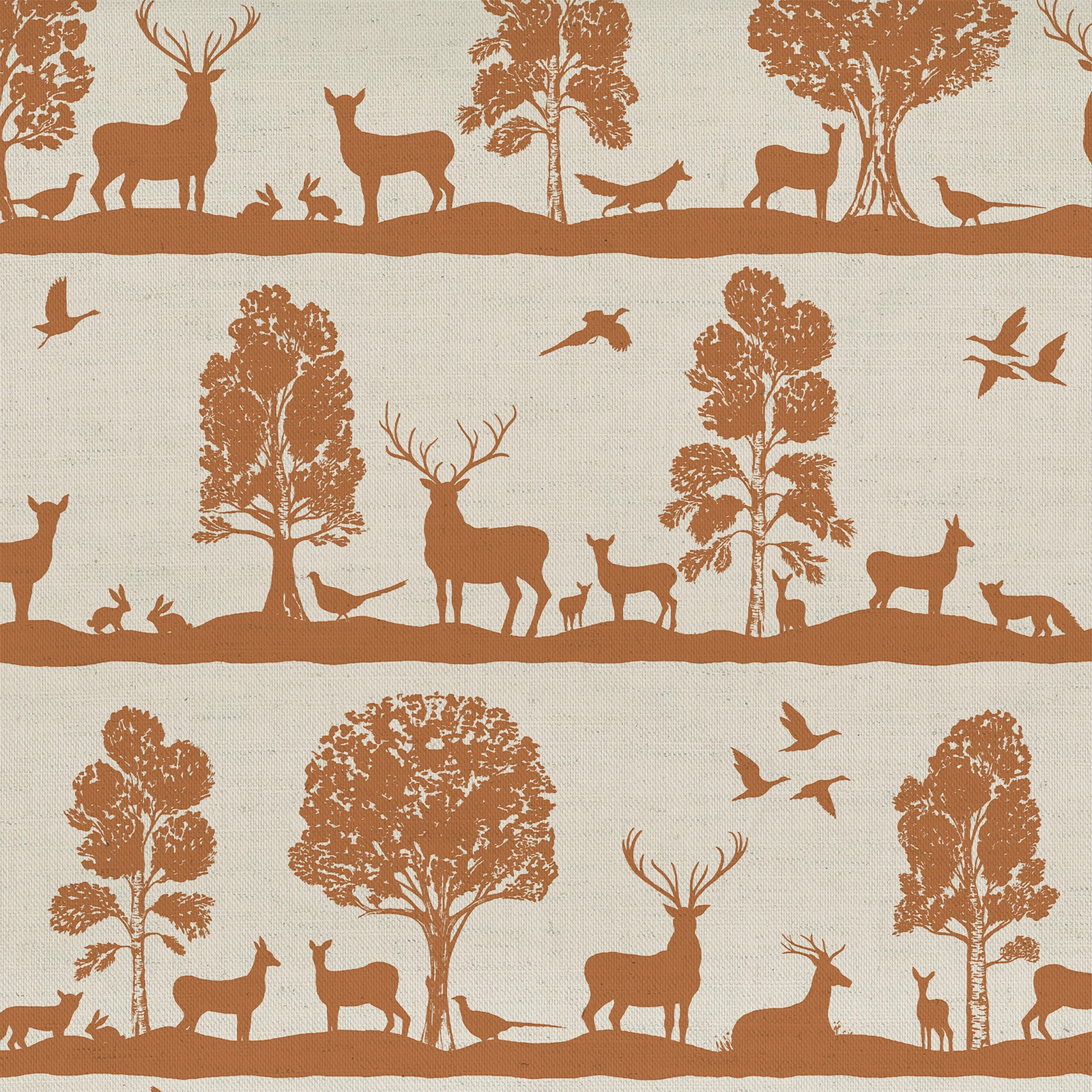 Terracotta deer and tree print on pale woven linen-cotton fabric
