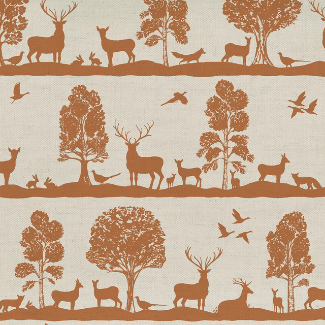 Terracotta deer and tree print on pale woven linen-cotton fabric
