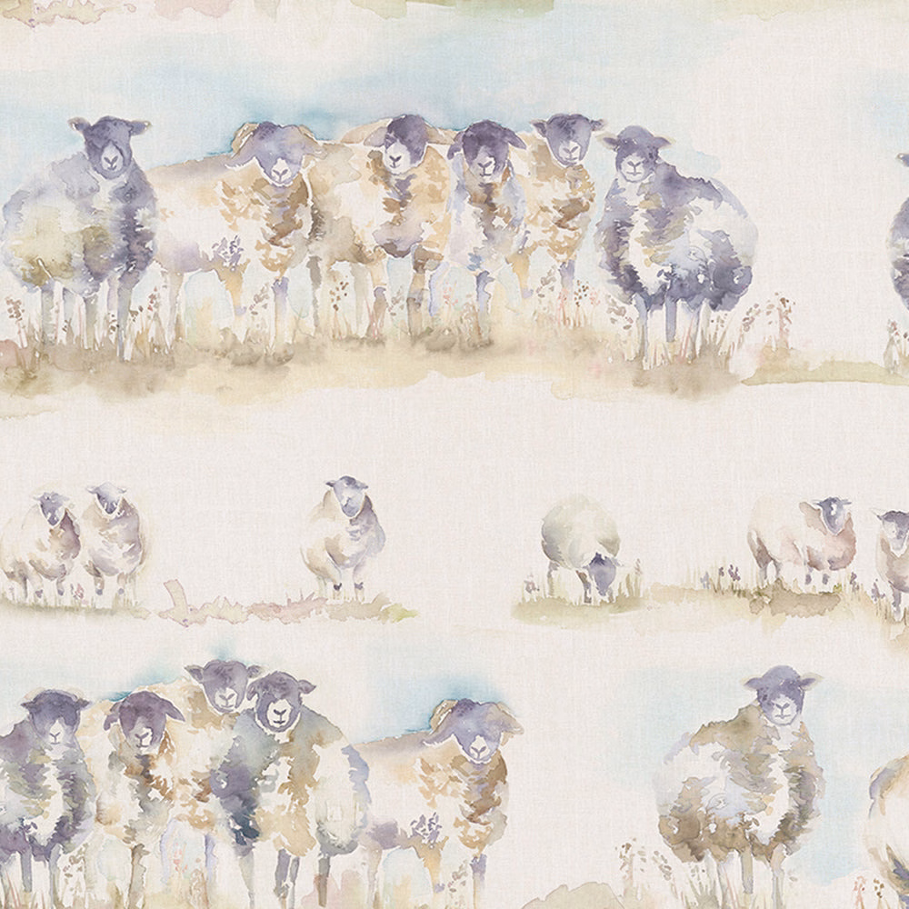 Watercolour sheep flock on a soft cream linen-cotton fabric swatch