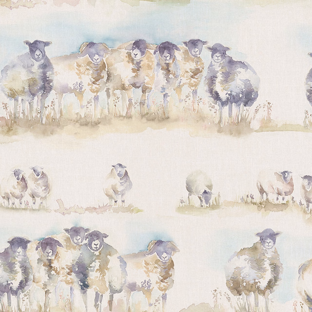 Watercolour sheep flock on a soft cream linen-cotton fabric swatch