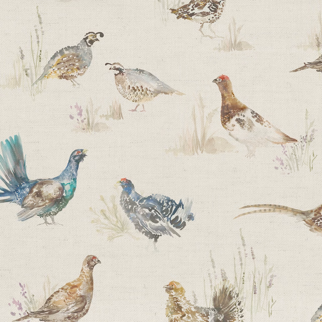 Watercolour gamebird print on a soft cream linen-cotton fabric ground