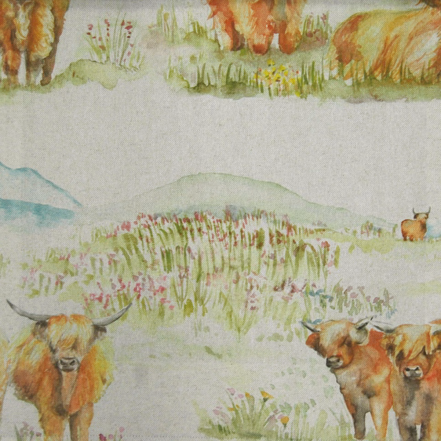 Cream linen-cotton fabric with painterly Highland cattle and meadow landscape print