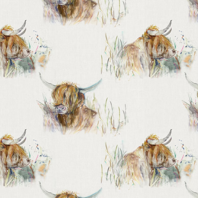 Cream fabric with painterly Highland cows and loose grass strokes