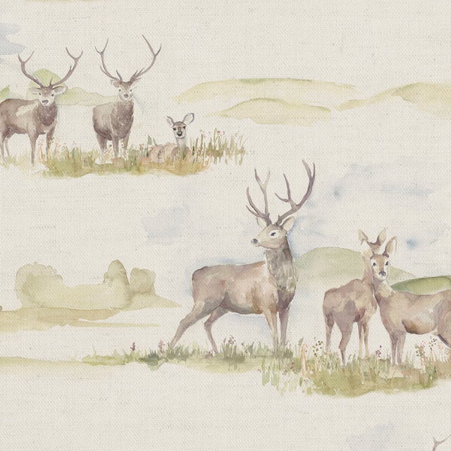Watercolour stags and meadow grasses in soft sage and taupe on pale linen ground