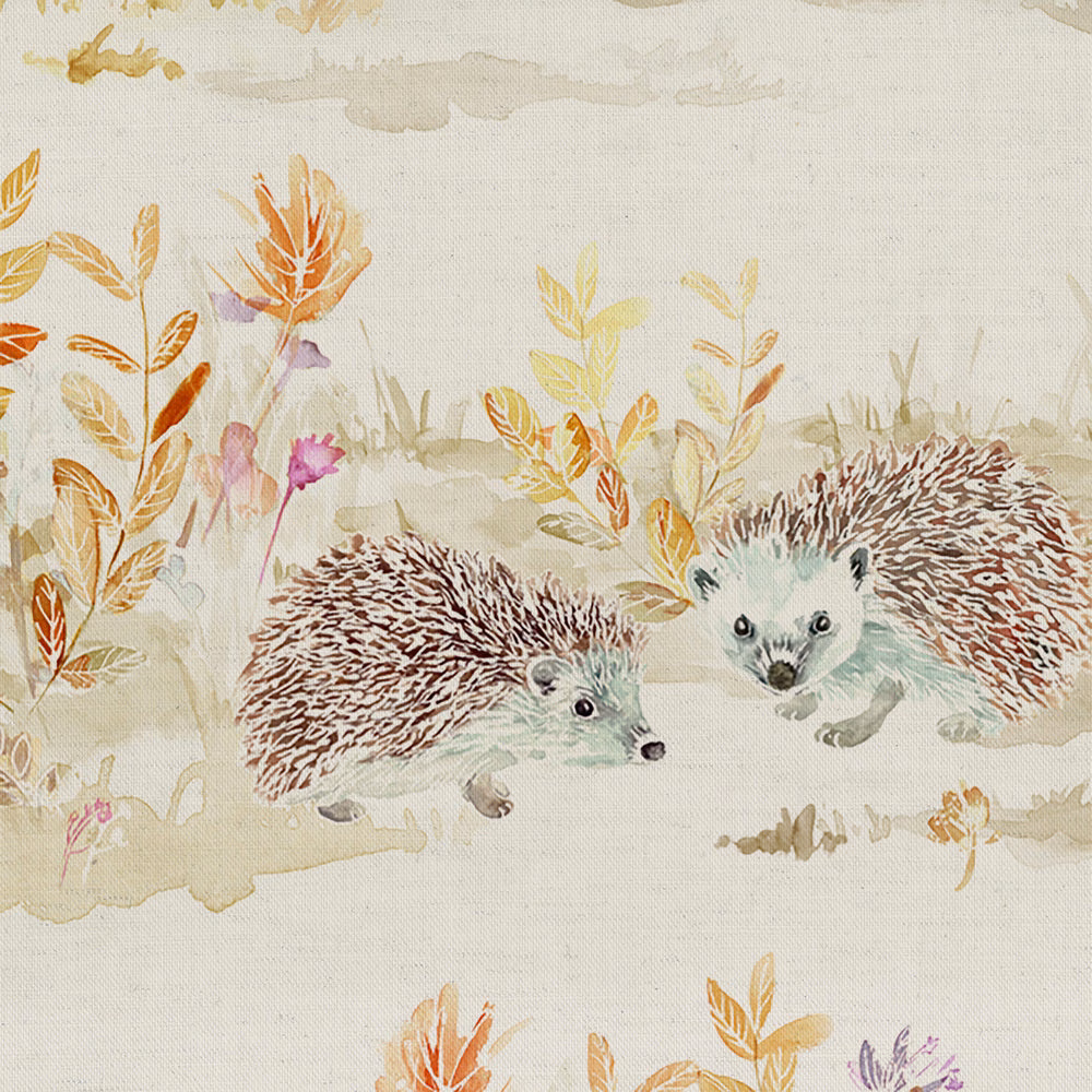 Ivory printed fabric with two hedgehogs and soft meadow foliage