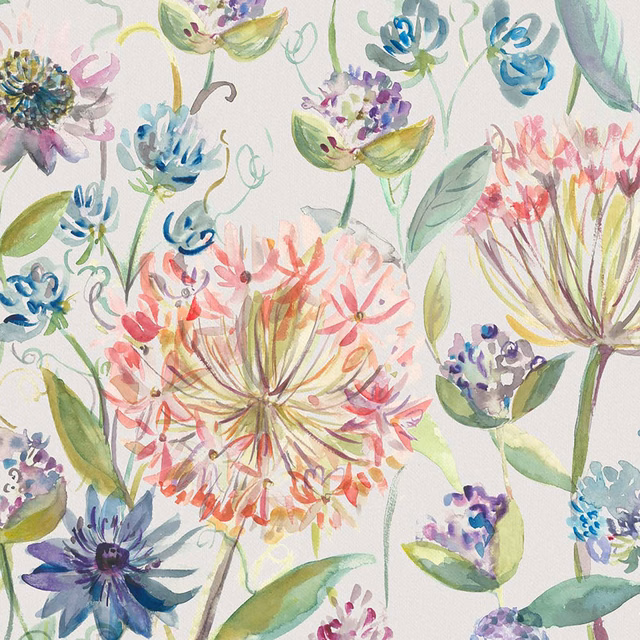 Watercolour floral fabric with pastel pink, blue, lilac and green blooms