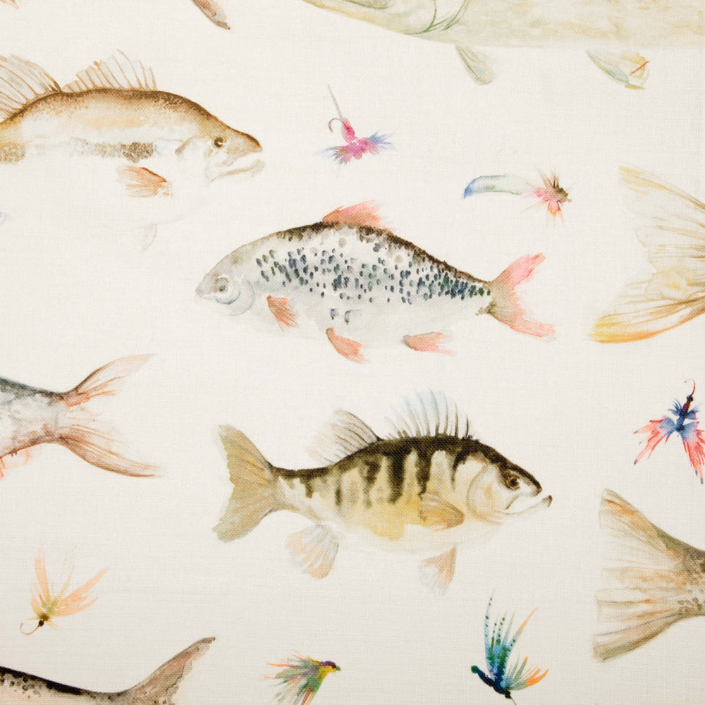 Cream fabric swatch with watercolour fish motif in muted pastel tones