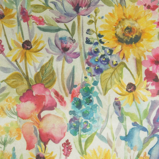 Painterly multicolour floral fabric with yellow, pink, lilac and teal blooms