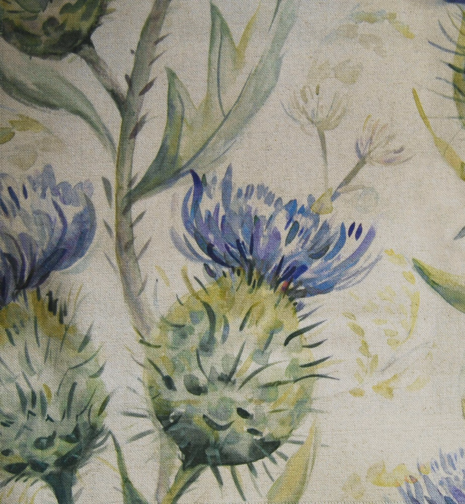 Painterly blue-violet thistle flowers and green leaves on pale linen-look fabric