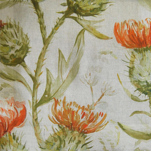 Painterly orange thistle flowers and green stems on a pale linen-look ground