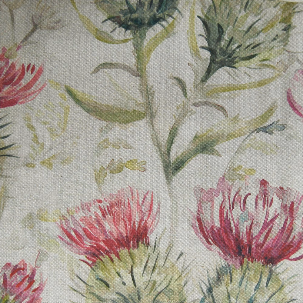 Painterly pink thistle flowers and sage stems on a pale linen-cotton ground