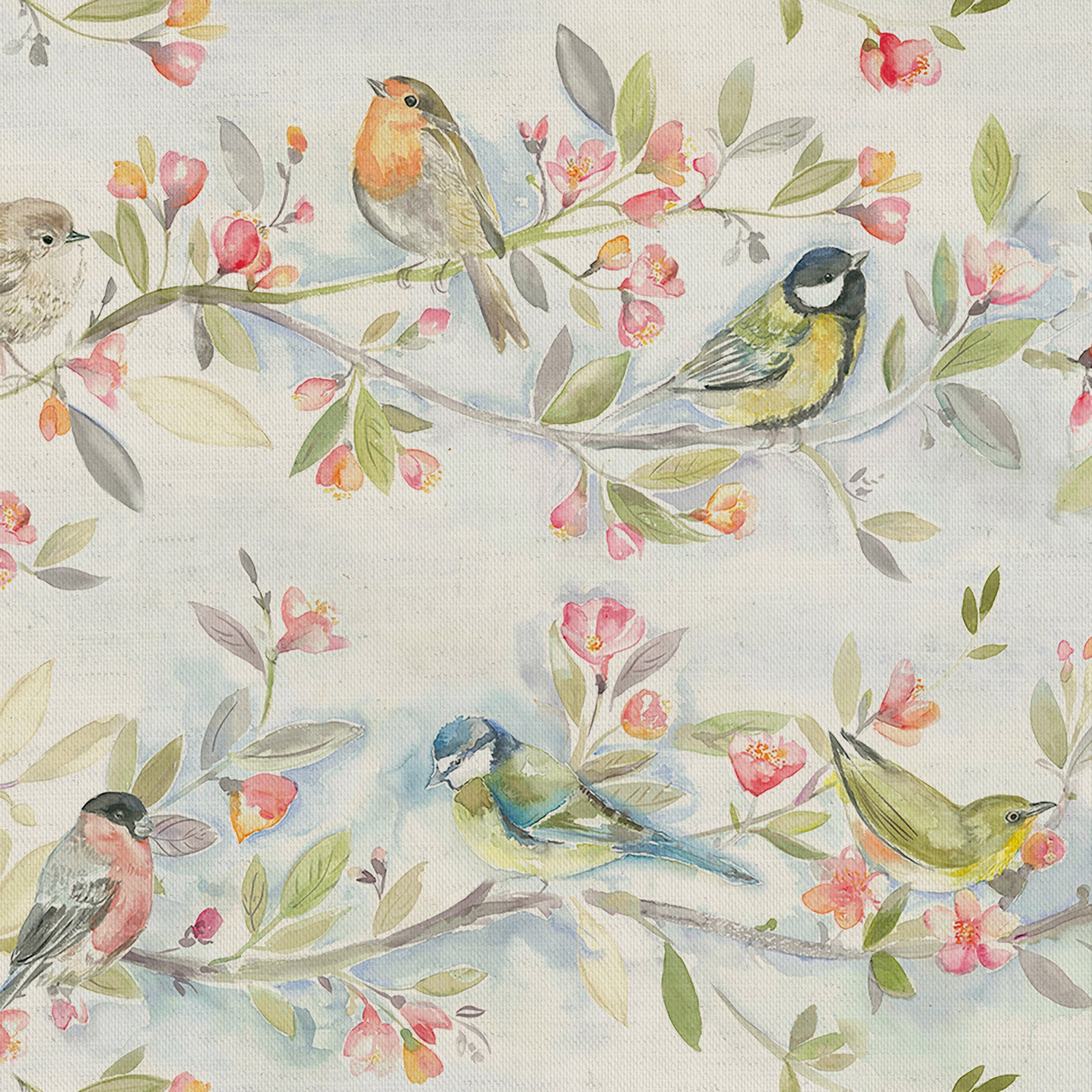 Watercolour bird-and-blossom print on pale linen-look fabric, with pastel greens and pinks