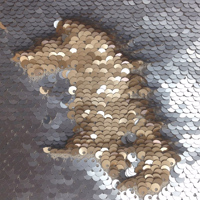 Close-up of grey and silver disc sequins with a warm taupe centre band