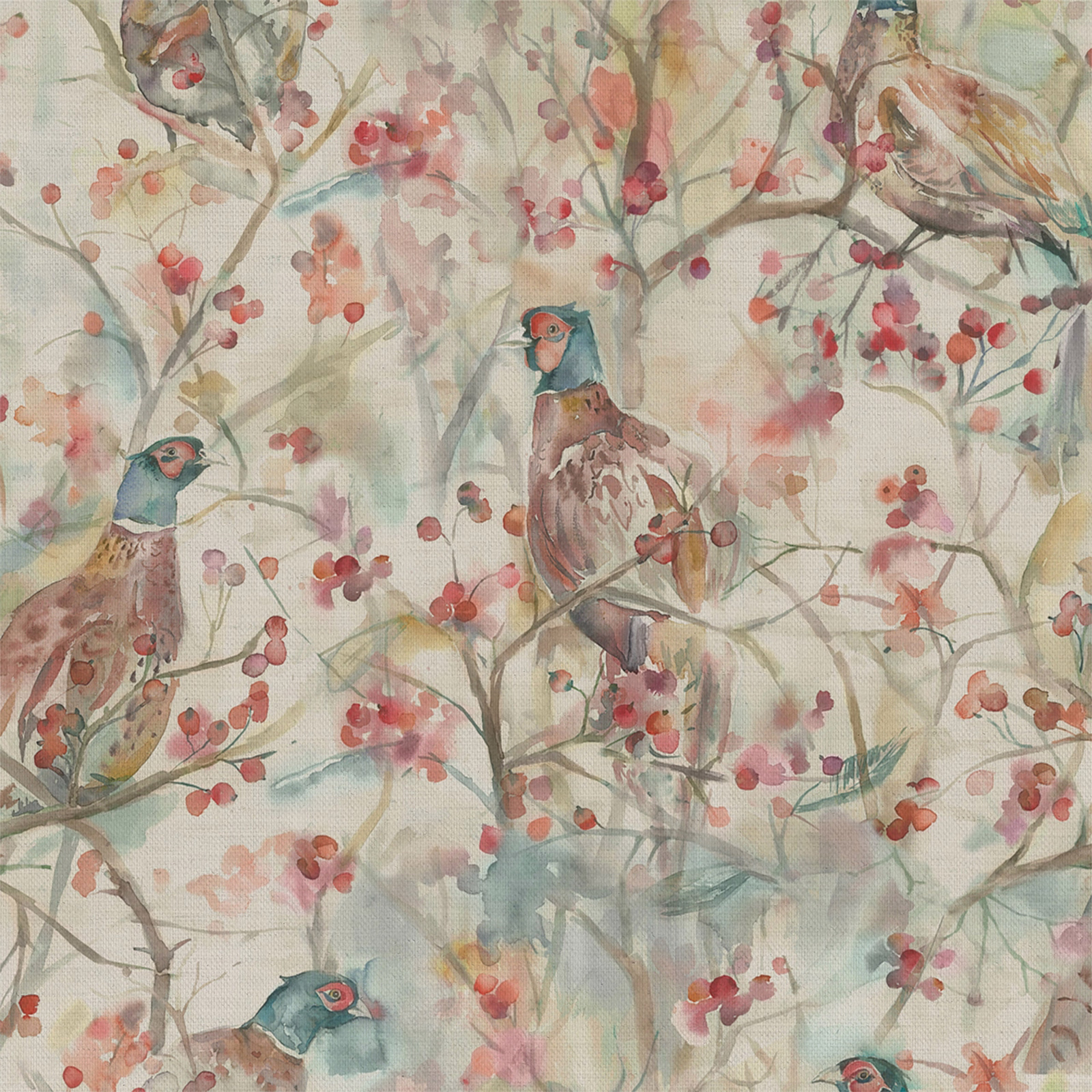 Painterly bird and berry print on a pale ground with soft red accents