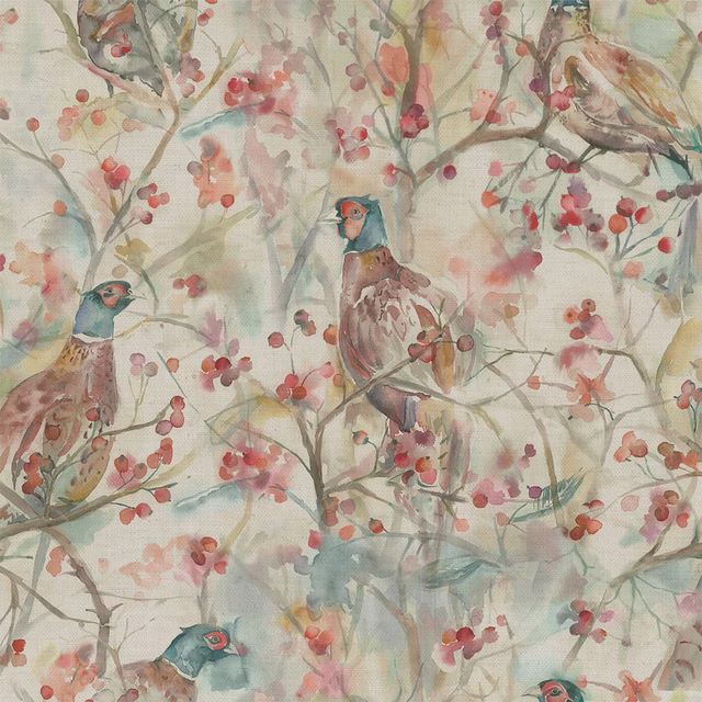 Painterly bird and berry print on a pale ground with soft red accents