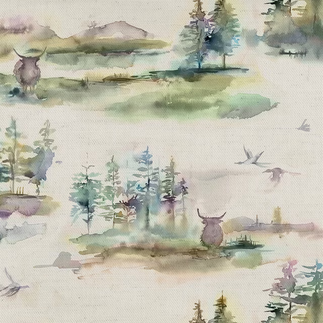 Watercolour forest fabric with misty blue-green trees and deer on a pale ground
