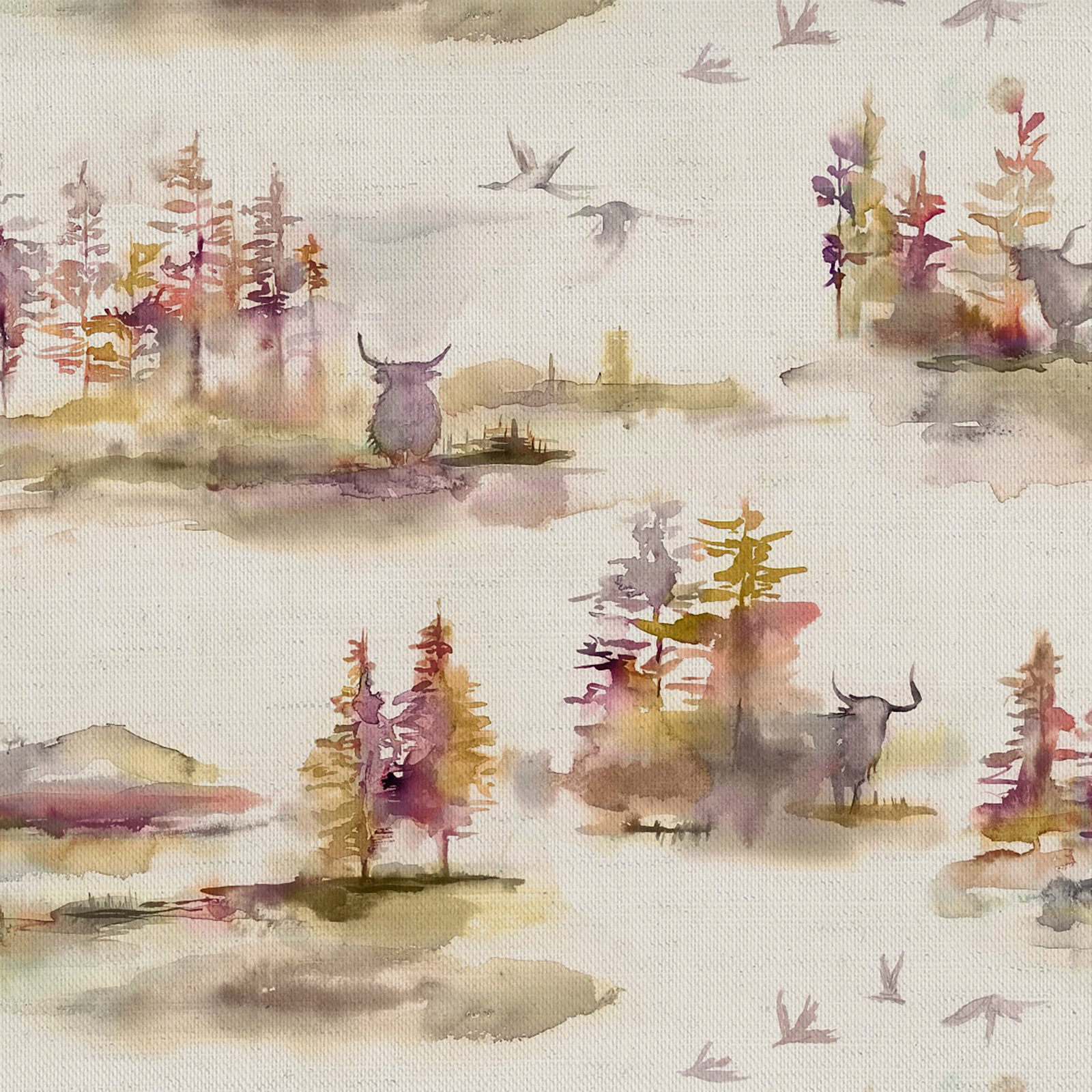 Watercolour woodland print with deer and trees in muted purple, gold and misty beige
