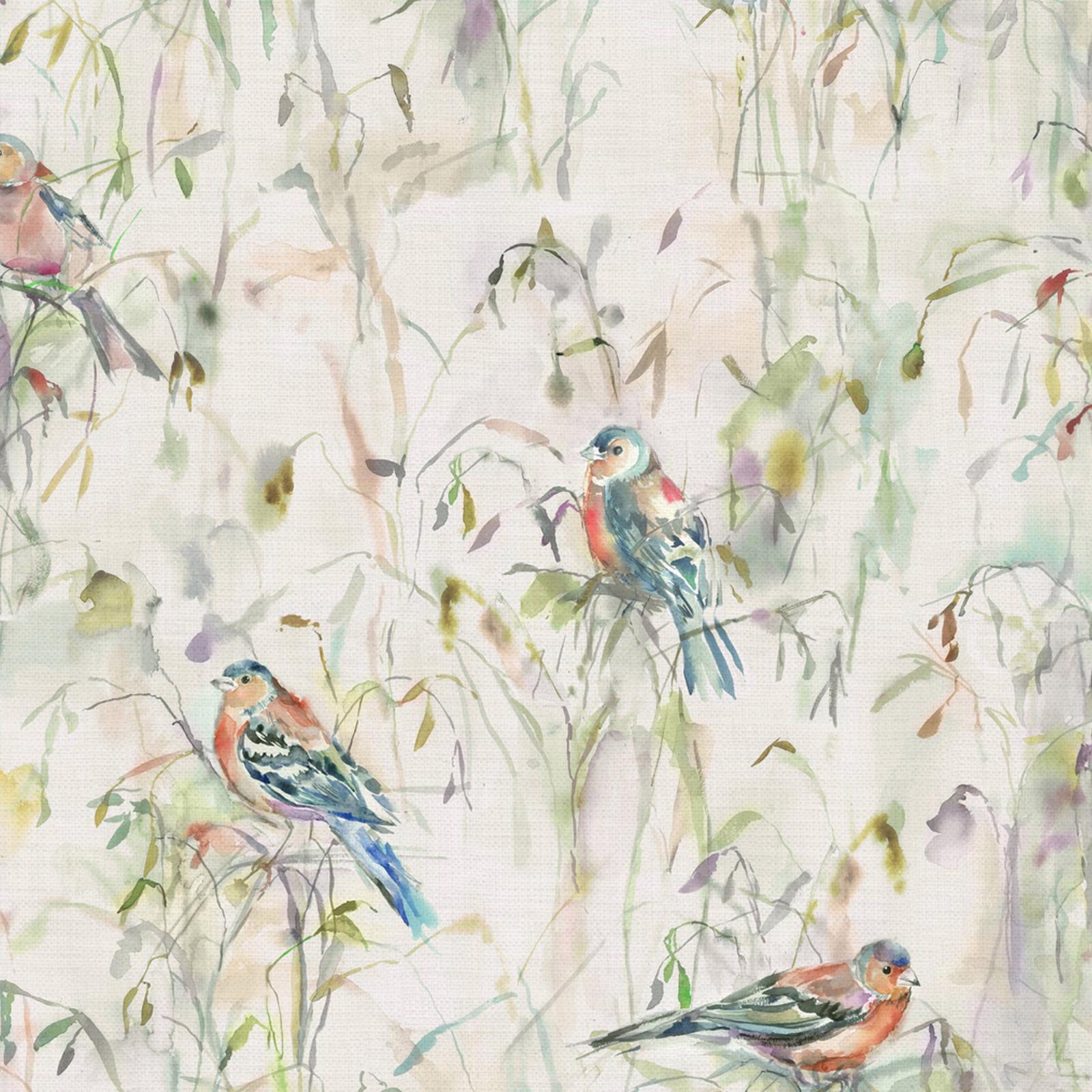 Cream fabric swatch with watercolour birds, pale foliage and soft woven texture