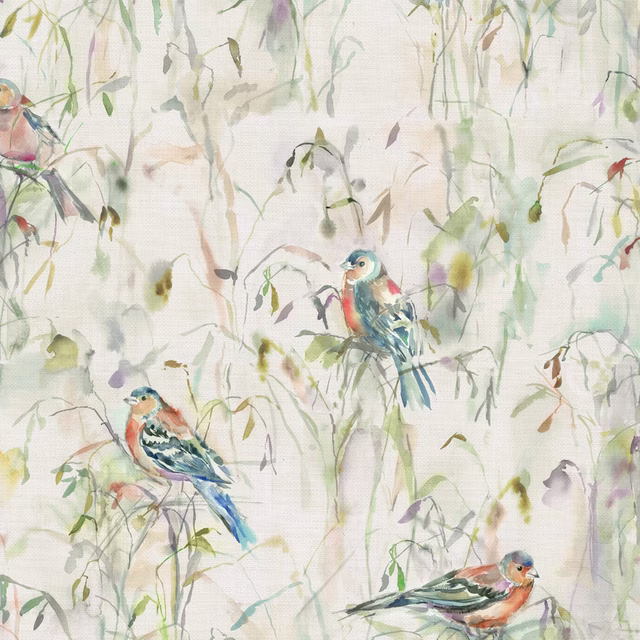 Cream fabric swatch with watercolour birds, pale foliage and soft woven texture