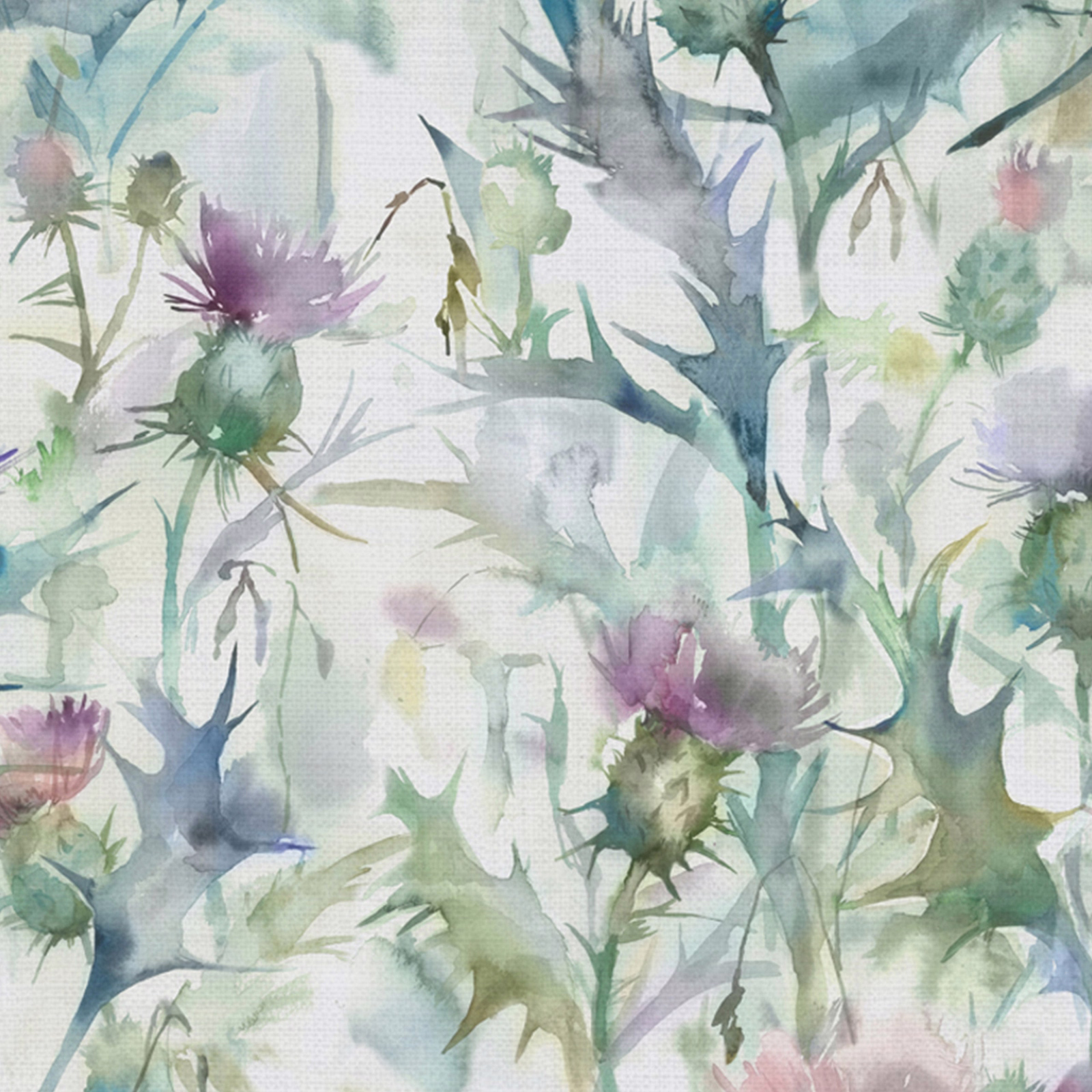 Painterly green thistle print on a pale ground, with lilac and blue accents