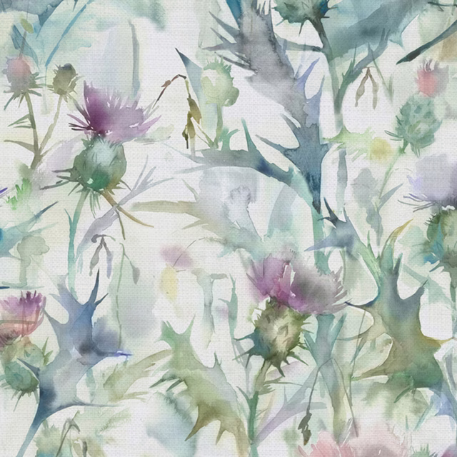 Painterly green thistle print on a pale ground, with lilac and blue accents