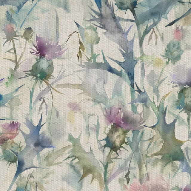 Painterly blue-green thistle floral fabric on a pale ground with soft mauve accents
